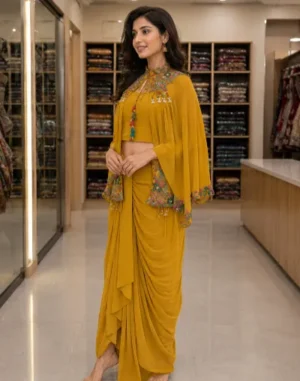 Mustard Yellow Embroidered Cape Style Draped Saree