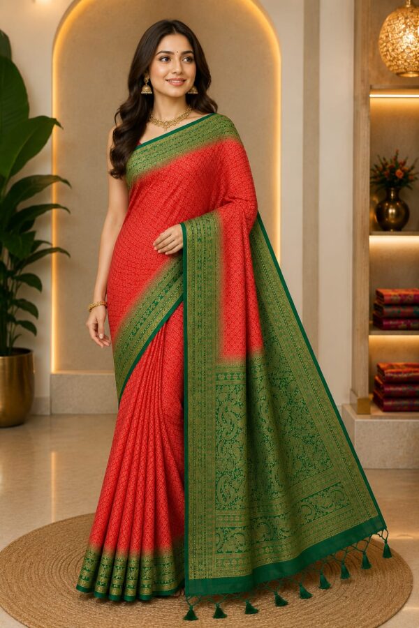 Coral Red Heritage Cotton Saree