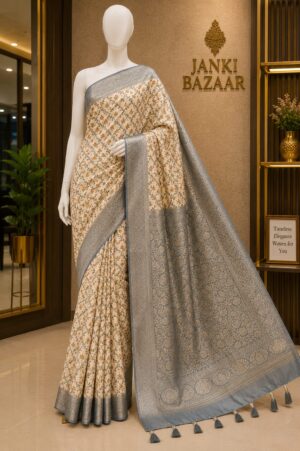 Ivory Blue Heritage Woven Cotton Blend Saree