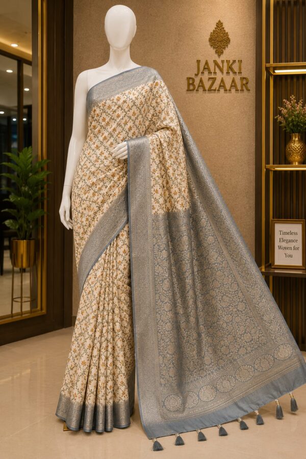 Ivory Blue Heritage Woven Cotton Blend Saree