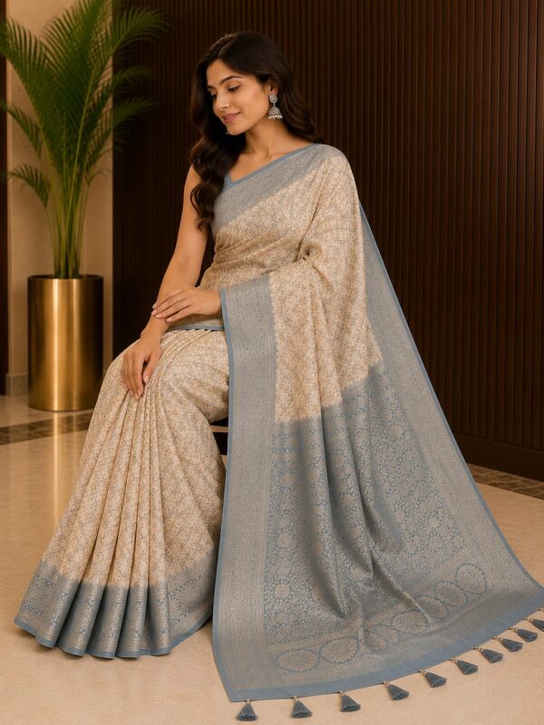 Ivory Blue Heritage Woven Cotton Blend Saree