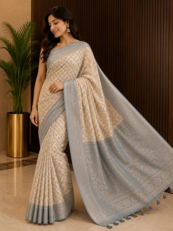 Ivory Blue Heritage Woven Cotton Blend Saree
