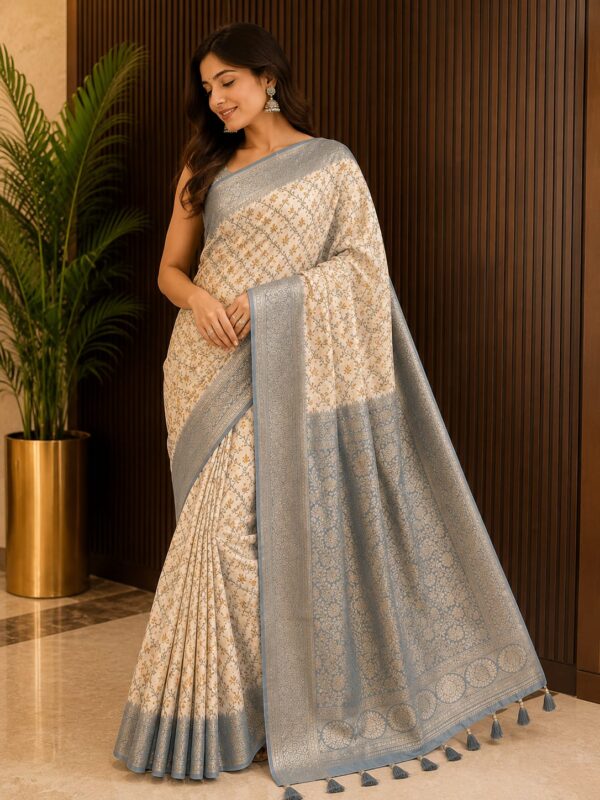 Ivory Blue Heritage Woven Cotton Blend Saree