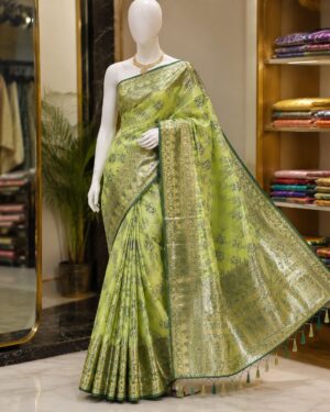 Olive Green Zari Woven Silk Blend Saree