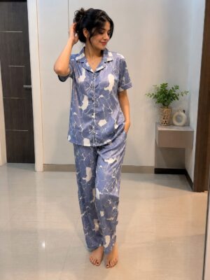 Azure Marble Satin Night Suit Set