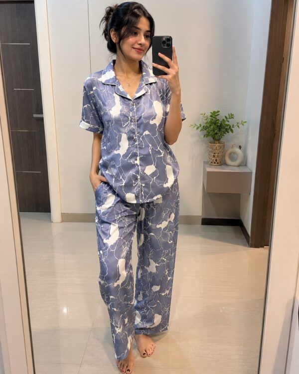 Azure Marble Satin Night Suit Set