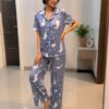 Azure Marble Satin Night Suit Set