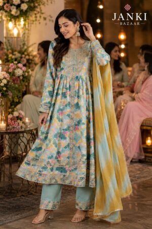 Pastel Blue Floral Anarkali Kurta Set