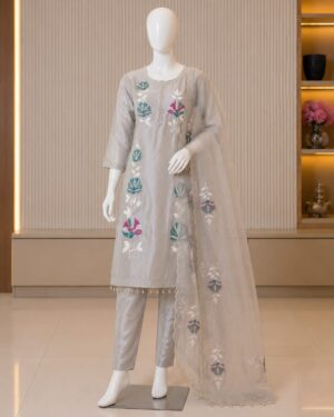 Pearl Grey Floral Embroidered Kurta Set
