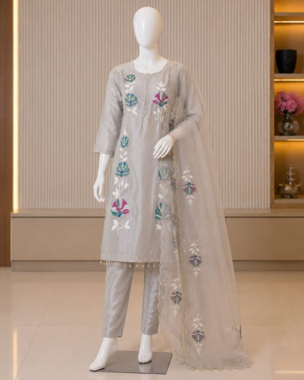 Pearl Grey Floral Embroidered Kurta Set