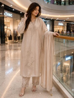 Champagne Beige Embroidered Kurta Set with Dupatta
