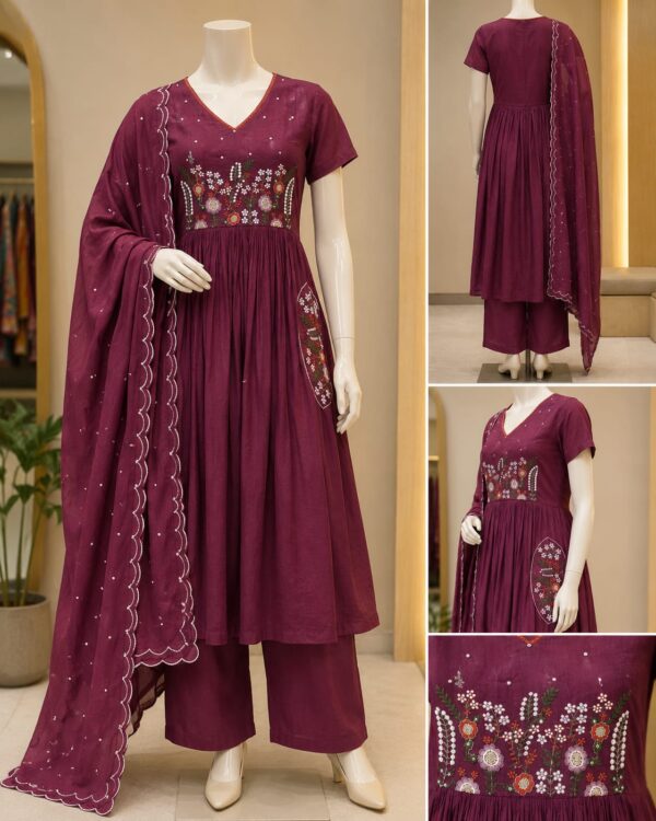 Wine Bloom Embroidered Kurta Set