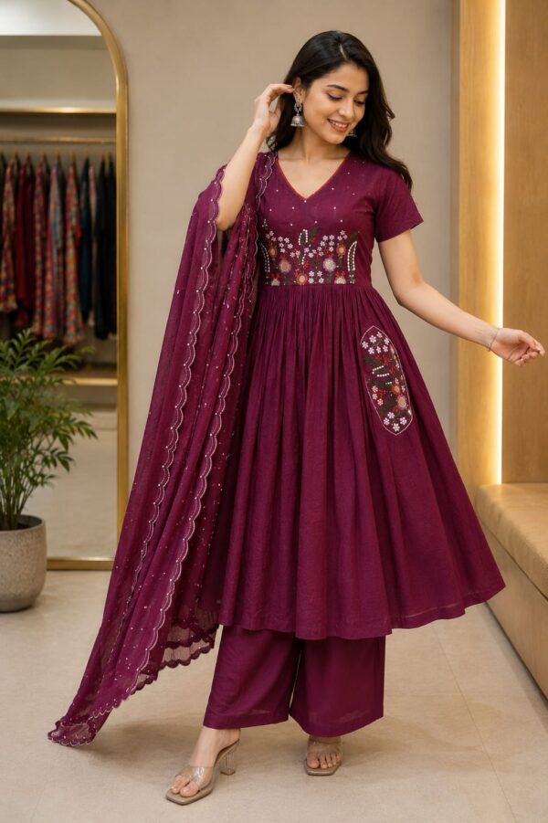 Wine Bloom Embroidered Kurta Set