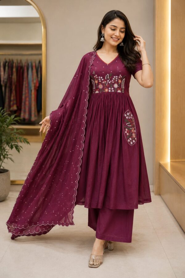 Wine Bloom Embroidered Kurta Set