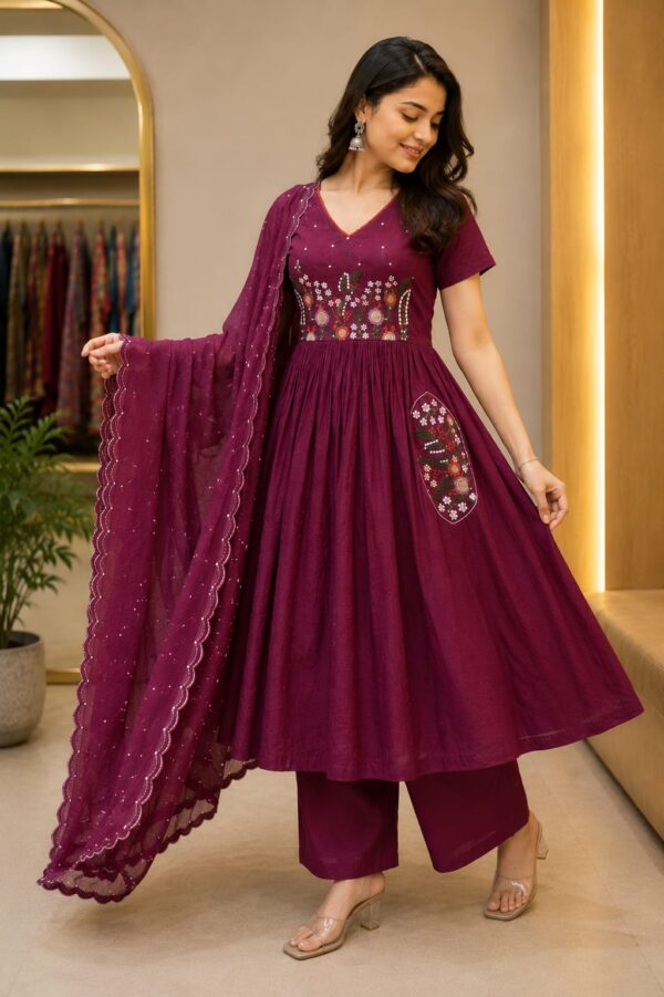 Wine Bloom Embroidered Kurta Set