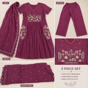 Wine Bloom Embroidered Kurta Set
