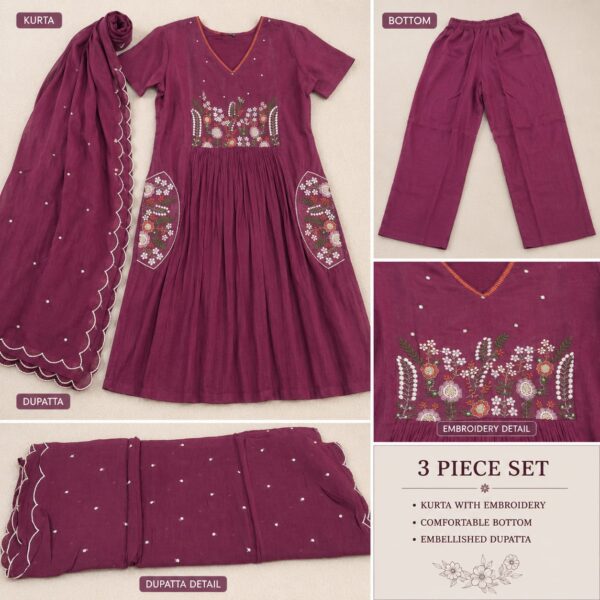 Wine Bloom Embroidered Kurta Set