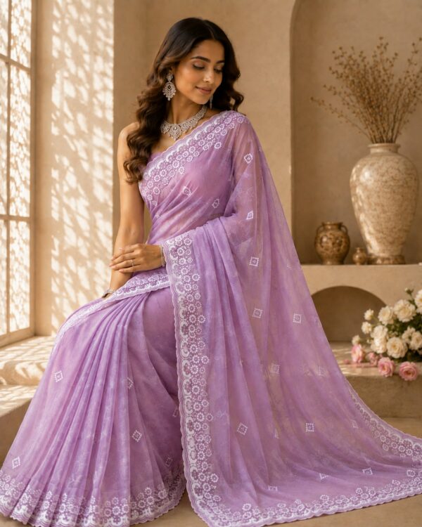 Lavender Floral Embroidered Organza Saree