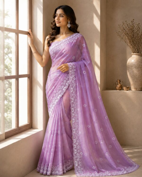 Lavender Floral Embroidered Organza Saree