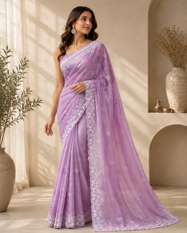 Lavender Floral Embroidered Organza Saree