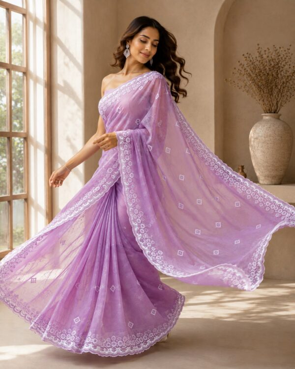 Lavender Floral Embroidered Organza Saree