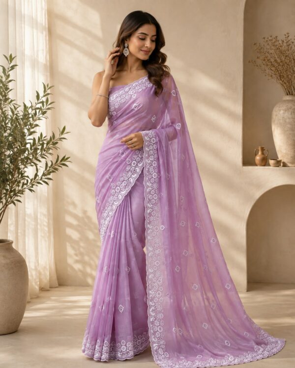 Lavender Floral Embroidered Organza Saree