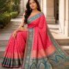 Coral Pink & Teal Woven Saree