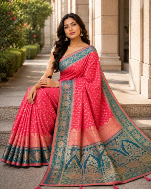 Coral Pink & Teal Woven Saree