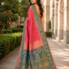 Coral Pink & Teal Woven Saree