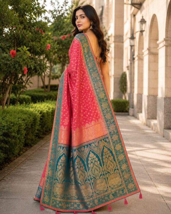 Coral Pink & Teal Woven Saree