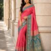 Coral Pink & Teal Woven Saree