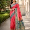 Coral Pink & Teal Woven Saree