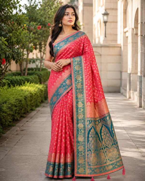 Coral Pink & Teal Woven Saree