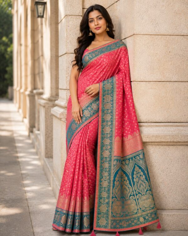 Coral Pink & Teal Woven Saree