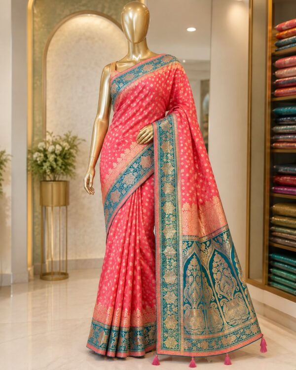 Coral Pink & Teal Woven Saree