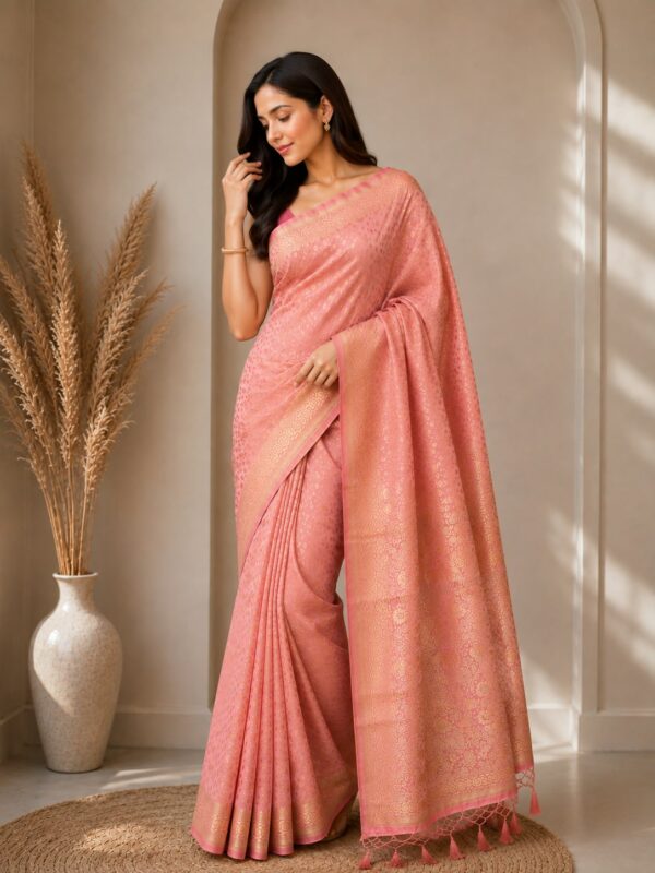 Peach Pink Gold-Print Saree