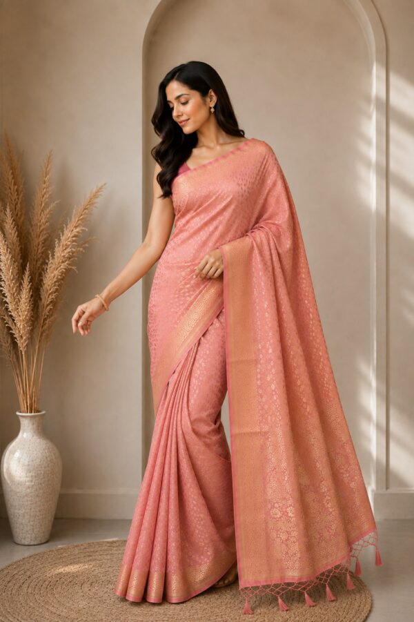Peach Pink Gold-Print Saree