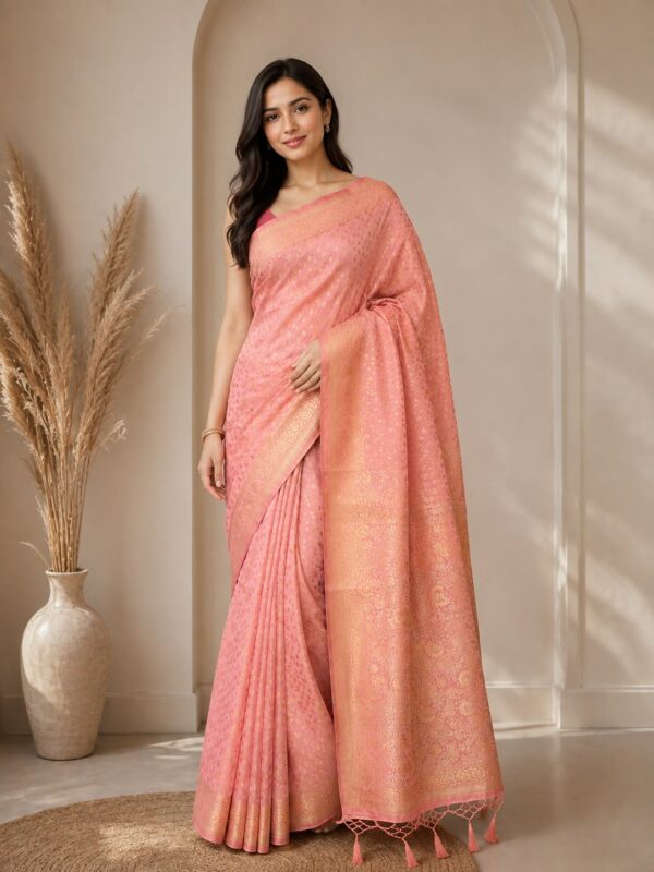 Peach Pink Gold-Print Saree
