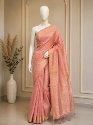 Peach Pink Gold-Print Saree