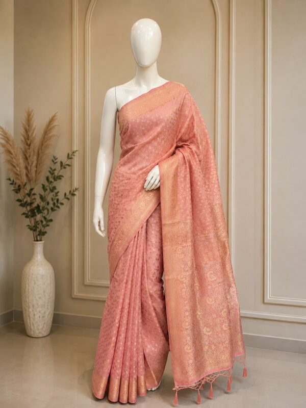Peach Pink Gold-Print Saree