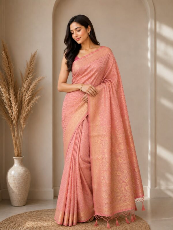 Peach Pink Gold-Print Saree