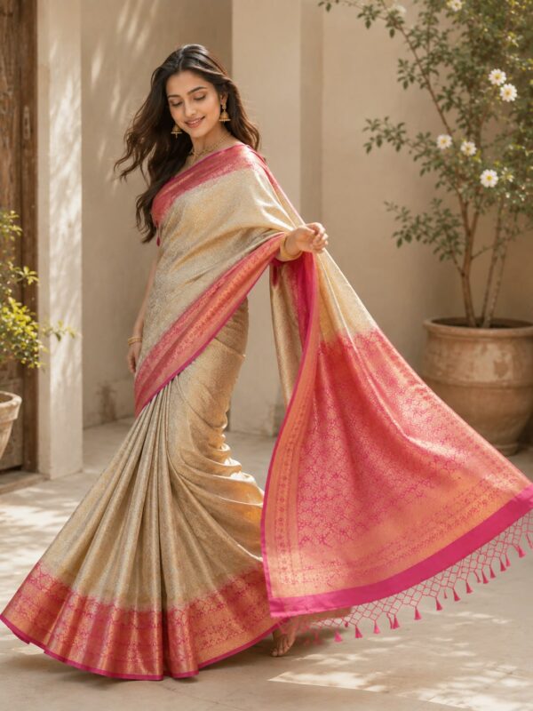 Ivory Pink Banarasi-Style Saree