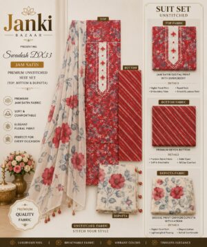 Red Floral Jam Satin Unstitched Suit Set