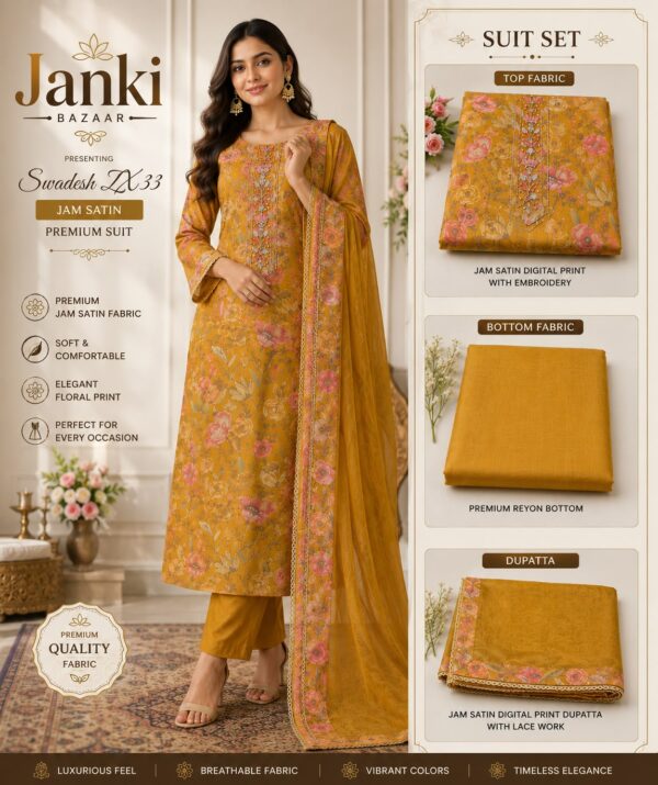 Mustard Floral Jam Satin Unstitched Suit Set