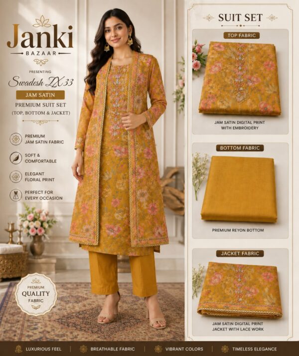 Mustard Floral Jam Satin Unstitched Suit Set