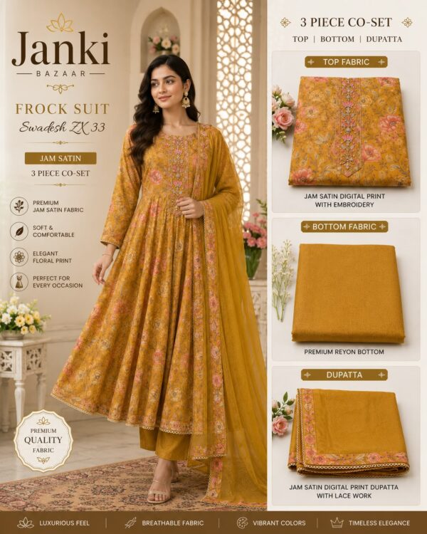 Mustard Floral Jam Satin Unstitched Suit Set