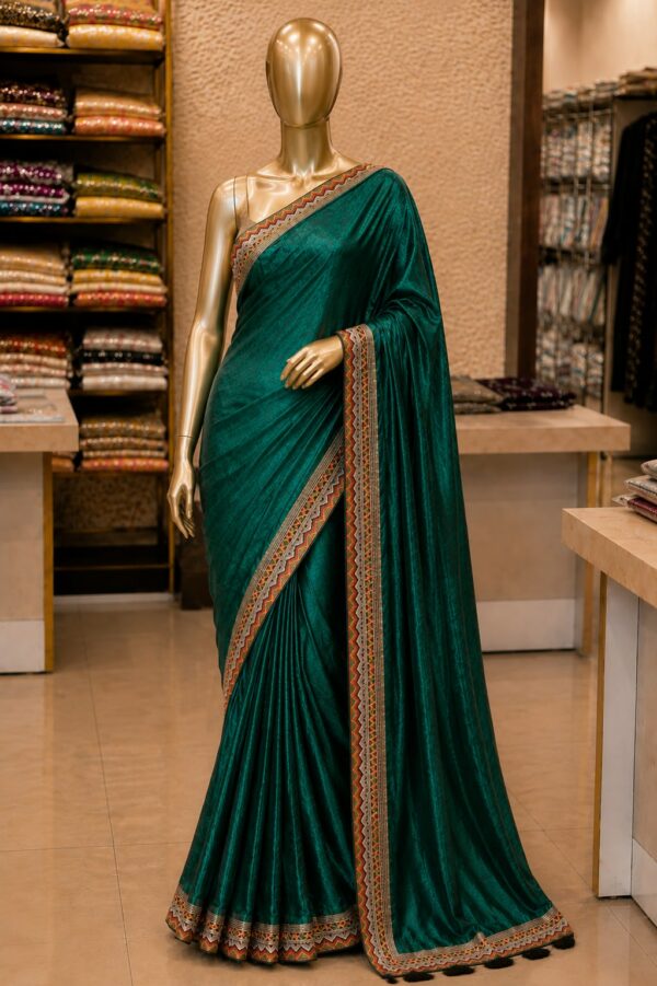 White & Bottle Green Designer Saree with Multicolour Border