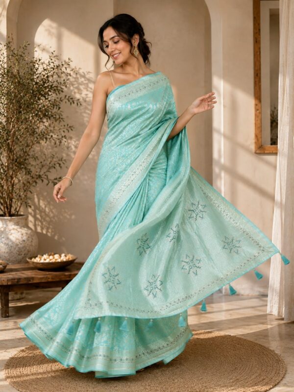 Mint Green Printed Designer Saree with Tassel Pallu