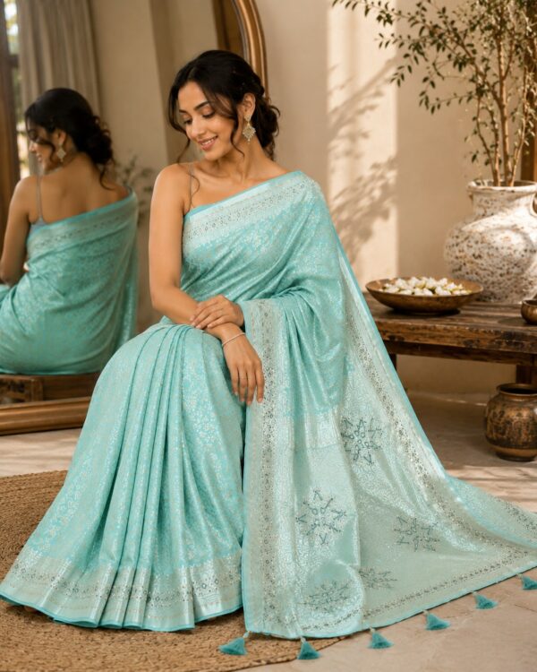 Mint Green Printed Designer Saree with Tassel Pallu