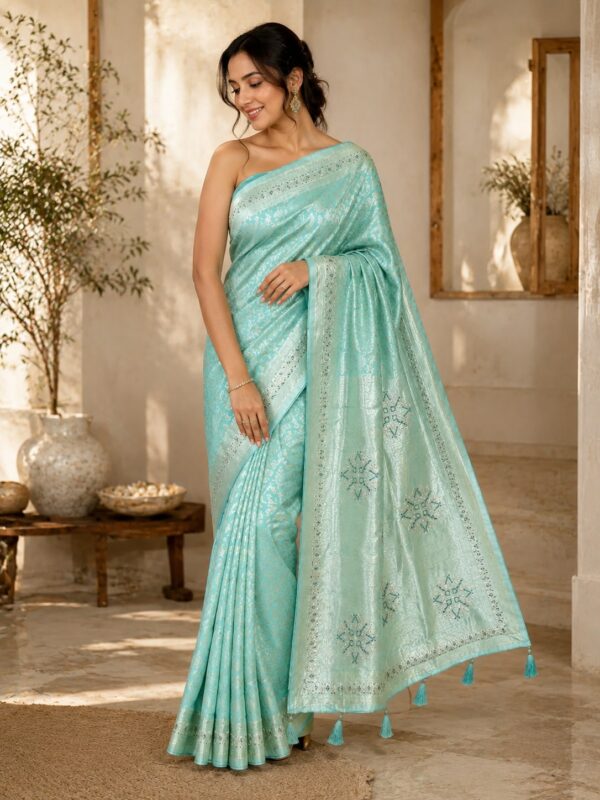 Mint Green Printed Designer Saree with Tassel Pallu